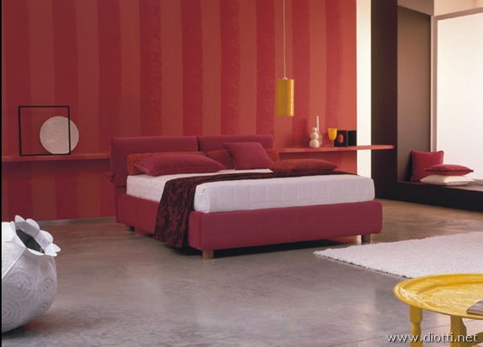 Vivian red fabric upholstered bed white bedding