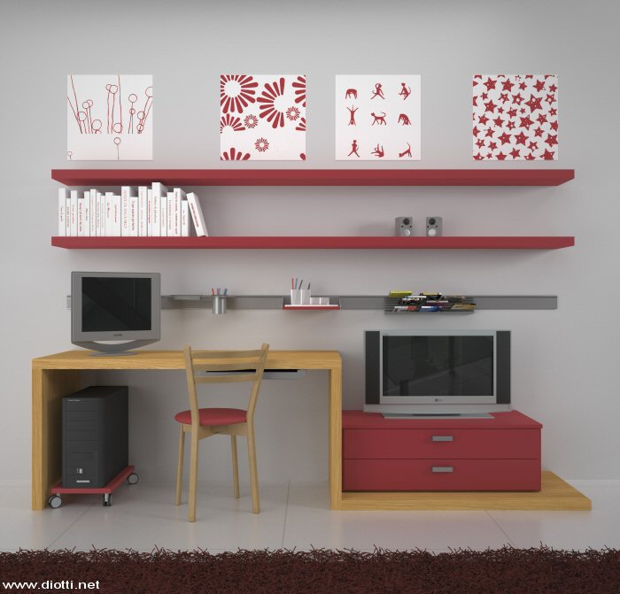 Elegante e pratica soluzione in rovere e laccato rosso che unisce la scrivania con vassoio estraibile per mouse e tastiera all'originale basamento cassettiera porta-TV.