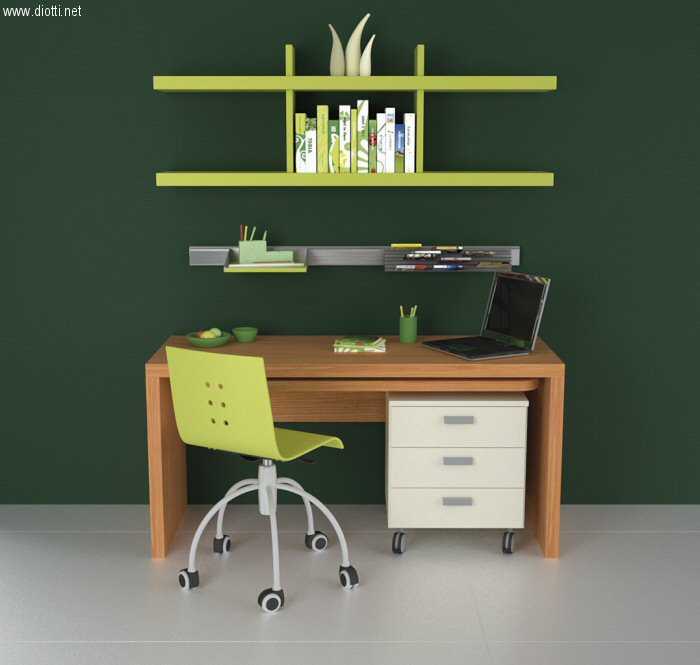 Soluzione in rovere tinto ciliegio con mensole laccate verdi coordinate alla sedia. Sotto alla scrivania l'elemento girevole dattilo con cassettiera su ruote.