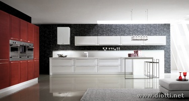 Stupenda questa immagine di Quadra, cucina con anta a telaio con pannello in rilievo: moderno e sobrio al tempo stesso l'abbinamento fra parete principale in rovere spazzolato laccato bianco e le colonne rosse.