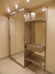 2845 - Ingresso laccato opaco champagne con ante scorrevoli a specchio, all'interno due porta abiti estraibili, lateralmente un cassetto porta oggetti e 2 mensole, come sfondo sempre un pannello a specchio. Tonin