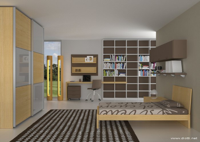 Una bella vista d'insieme con armadio, libreria, scrivania, letto e comodino coordinati.