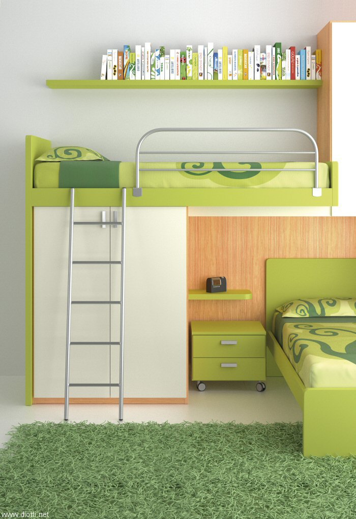 Particolare del letto superiore con le antine di sostegno, disponibile anche con meccanismo rete ribaltabile per il facile rifacimento del letto.