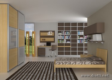 Interessante cameretta per ragazzi in rovere sbiancato, laccata e cristallo. Armadio scorrevole, scrivania integrata alla libreria, mensole con boiserie, letto con comodino e pensili basculanti sopra al letto.