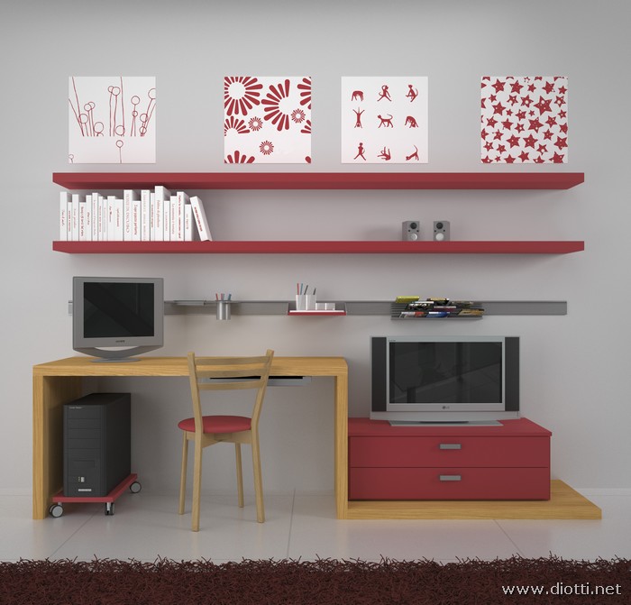 Lo scrittoio su misura in rovere con i cassetti in appoggio sulla panca ad uso porta-TV.