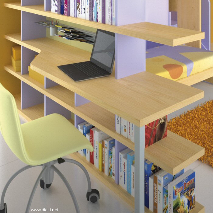 Il particolare dello scrittoio integrato nella libreria: una collezione cos flessibile trascende le categorie di prodotto.